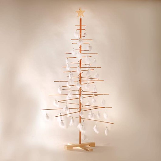 Minimalist Slatted Wood Tree with Feathers — Alternative Christmas Trees