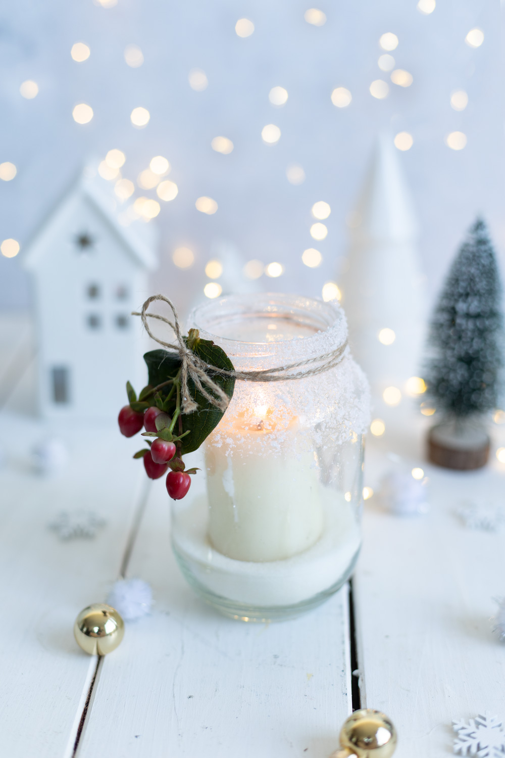 Cozy Winter Candle in a Jar with Greenery and Frosted Rim — Christmas Crafts for Adults