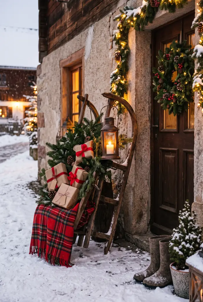 Festive Winter Door with Sled, Gifts, and Lantern — Winter Front Door Decor