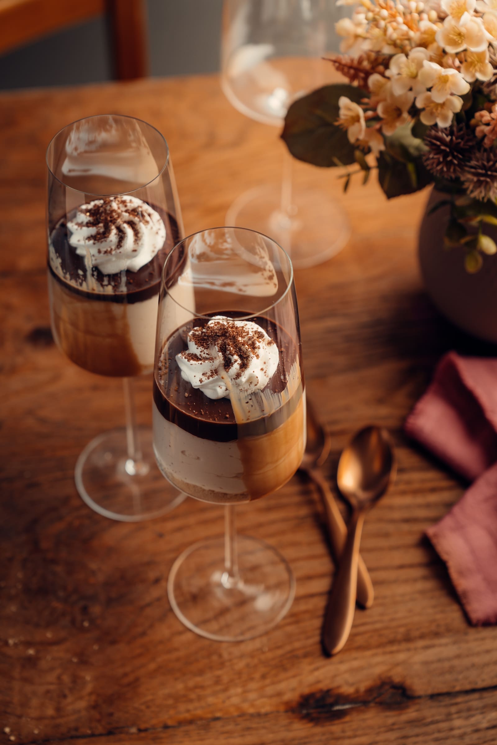 Elegant Wine Glass Desserts with Floral Accents — Christmas Dessert Table