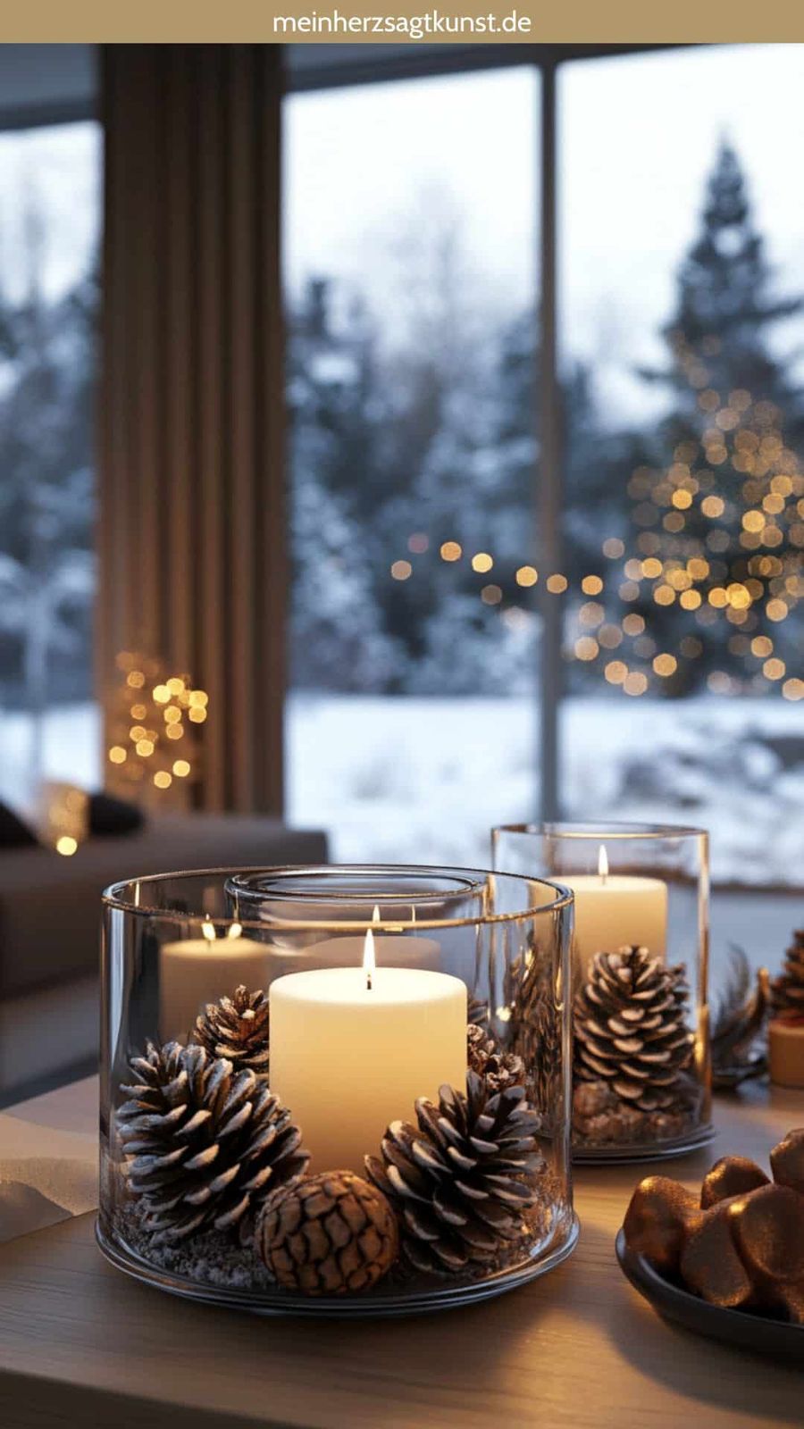 Rustic Tabletop Vignette with Pinecone-Adorned Pillar Candles — Christmas Candle Decor