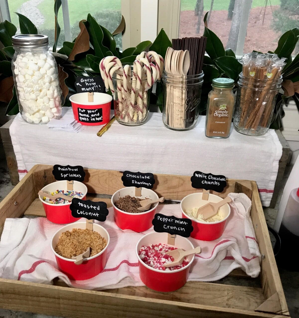 Casual Hot Cocoa Bar Toppings in Red Cups — Christmas Hot Cocoa Bar