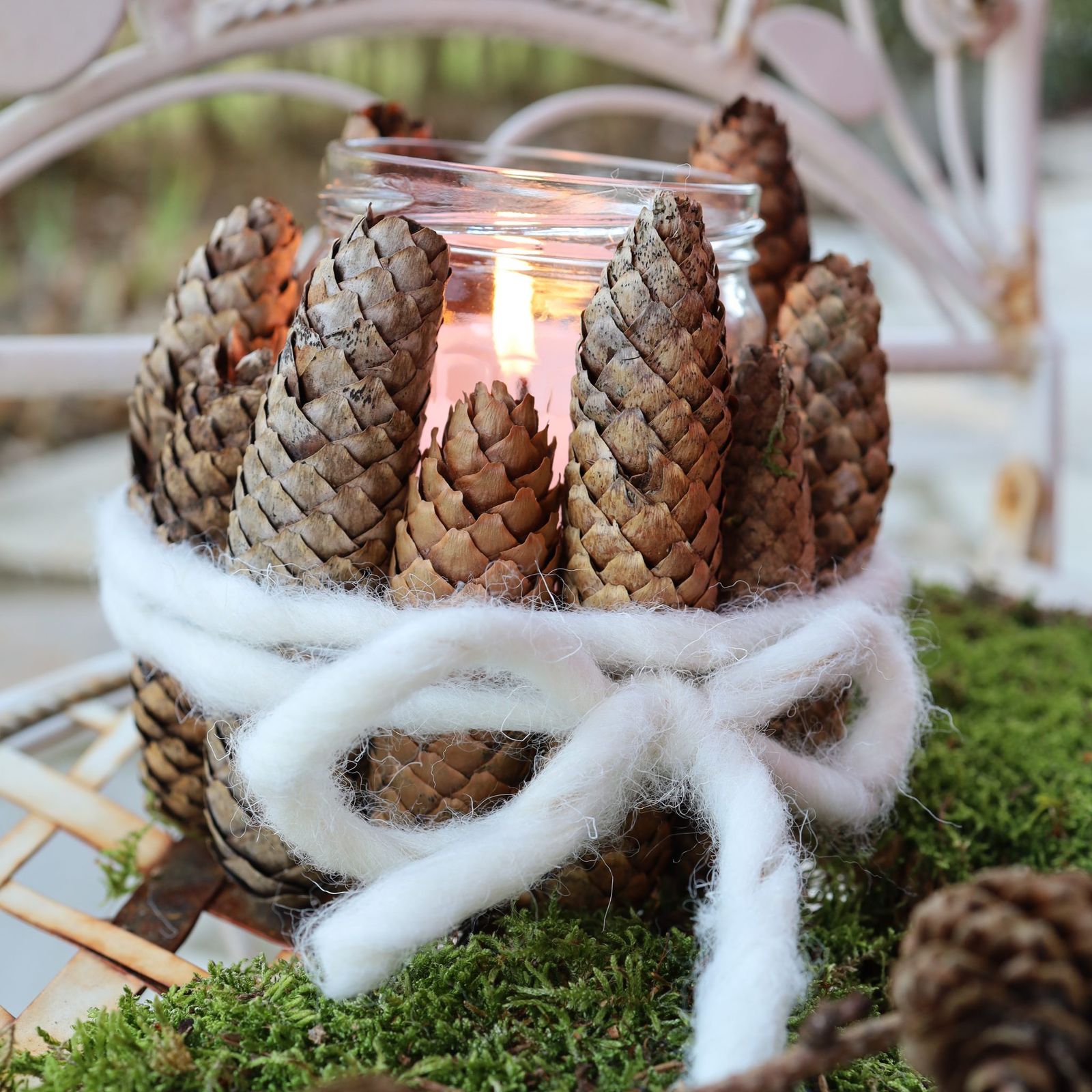 Rustic Table Centerpiece with Teal Pinecones and Brass — Winter Decor After Christmas