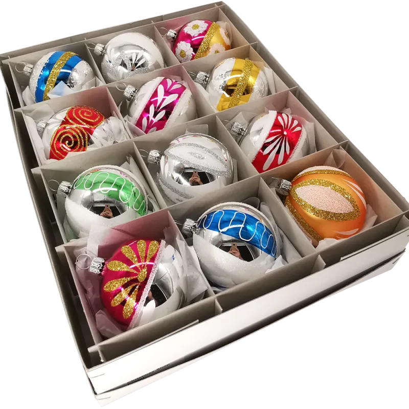 Retro Striped and Glittered Ornaments in a Box Retro Striped and Glittered Ornaments in a Box — Vintage Christmas Ornaments