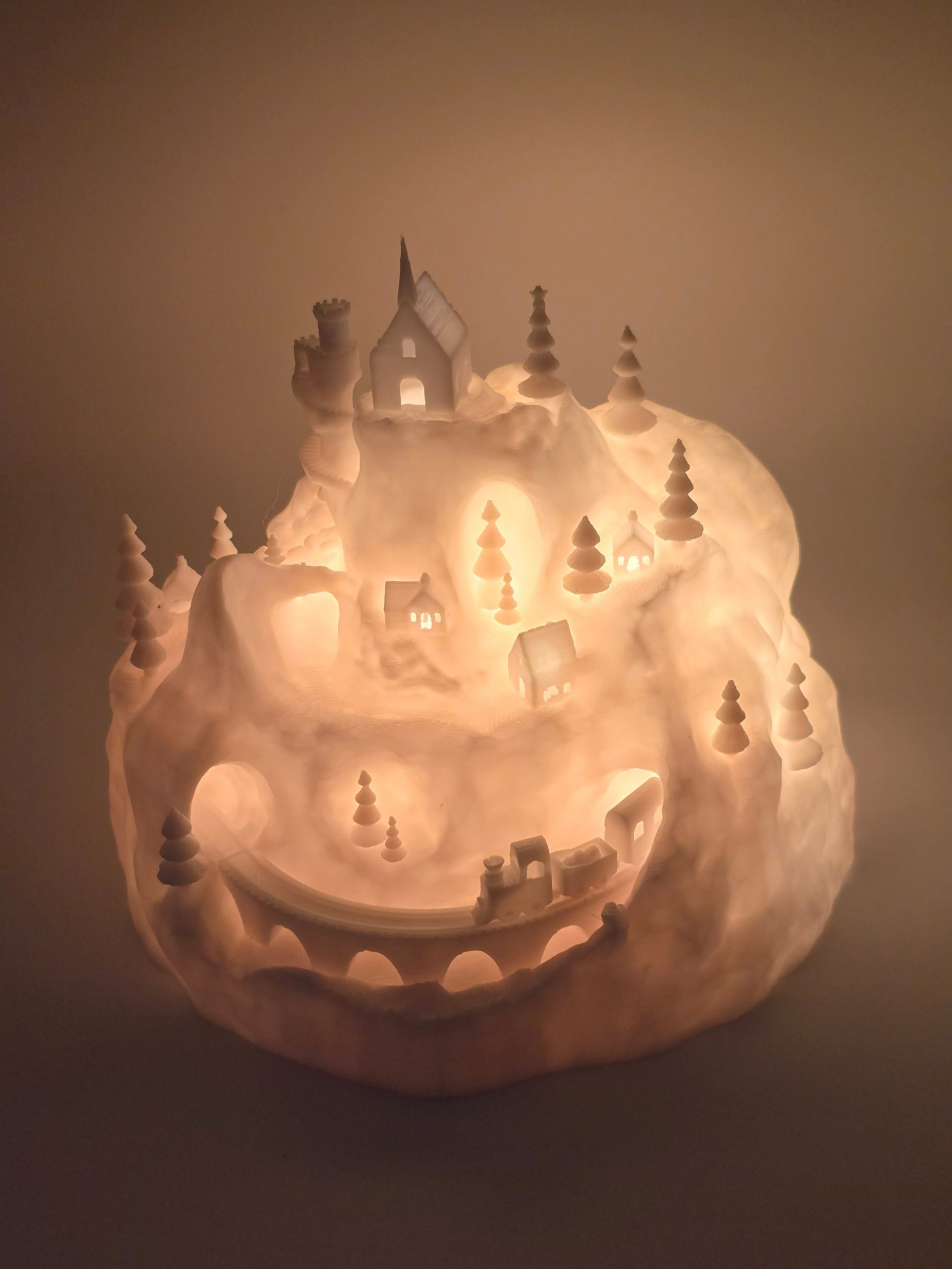 Unique Illuminated Castle within a Glowing Sculpture — Christmas Village Display