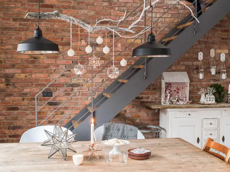 Industrial Rustic Dining with Branch Ornament Chandelier — Christmas Dining Room Decor