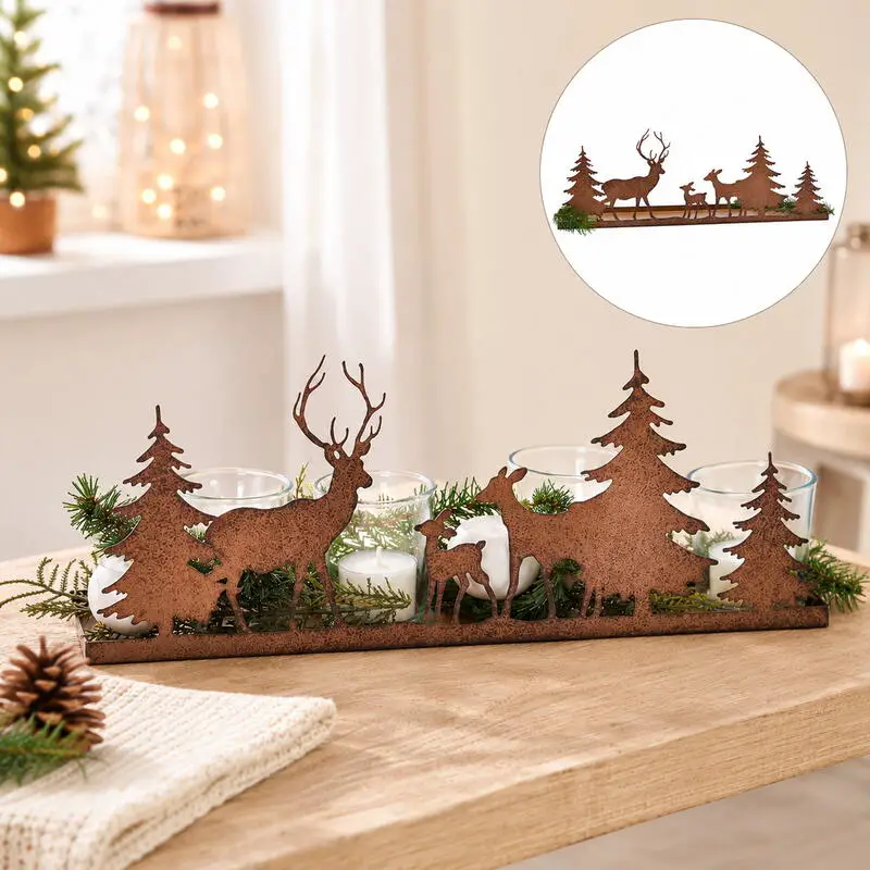 Rustic Woodland Tiered Tray with Deer Figures and Pine — Christmas Tiered Tray