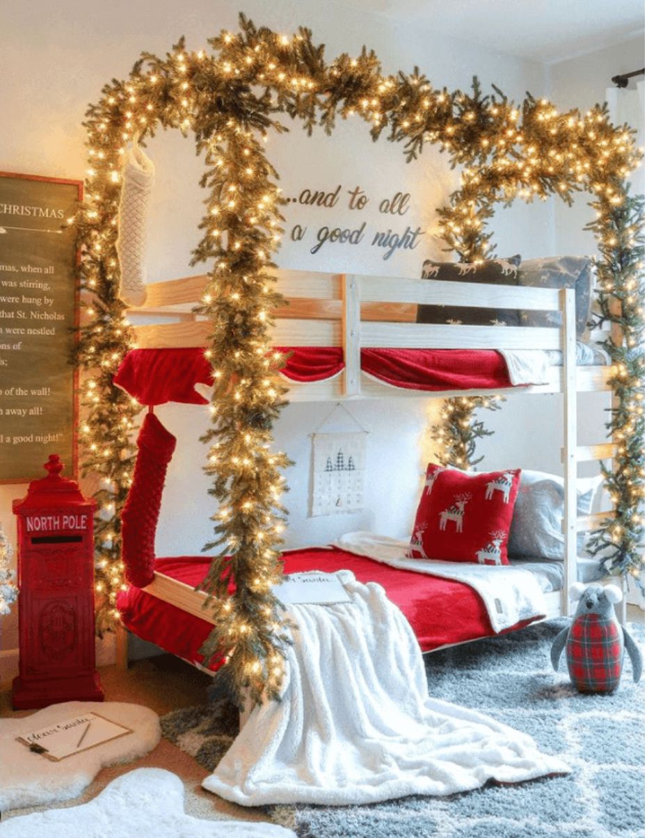 Playful Bunk Beds with Christmas Lights Garland — Christmas Bedroom Decor