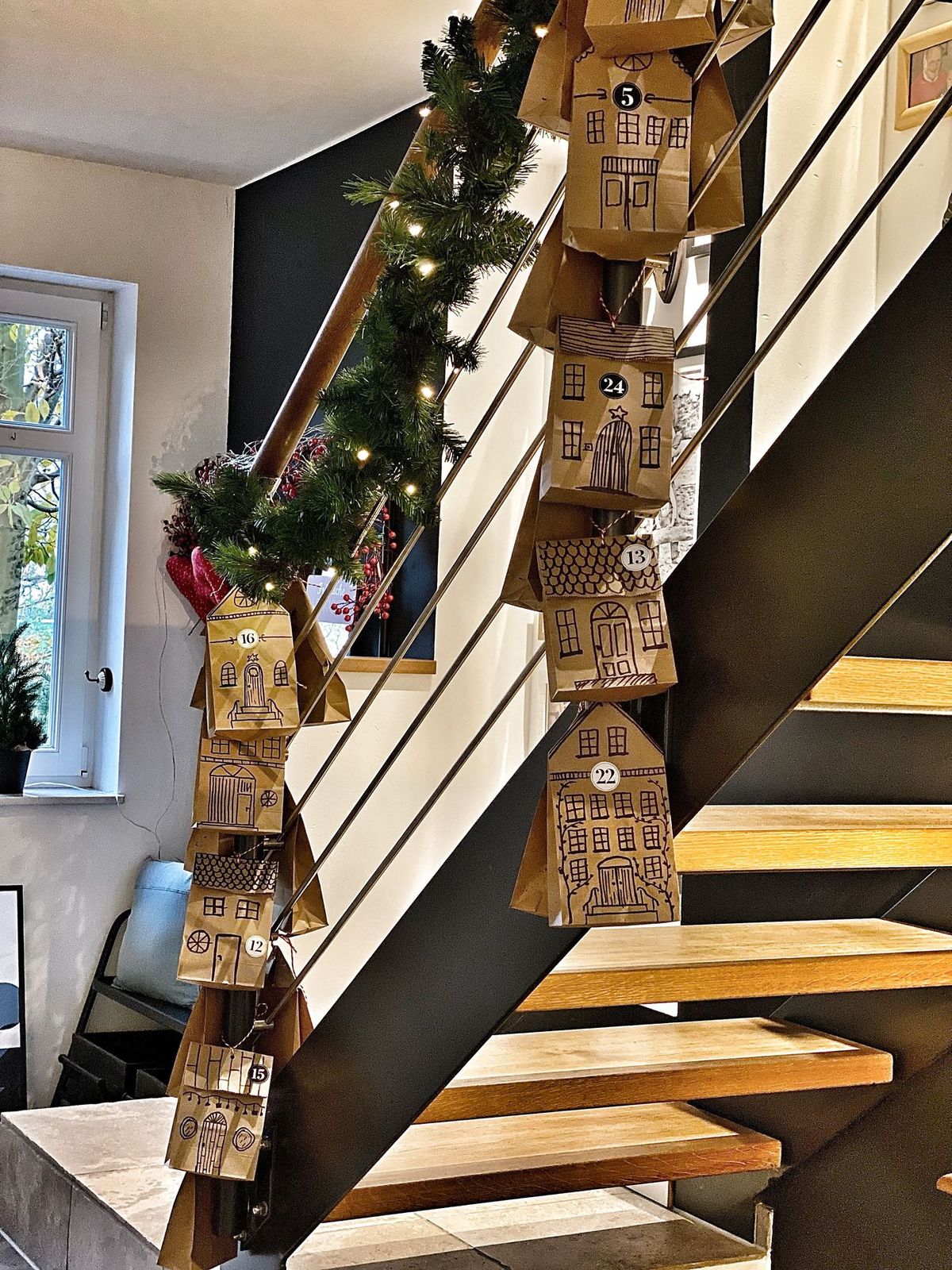 Creative Advent Calendar Bags on Banister — Christmas Staircase Decor
