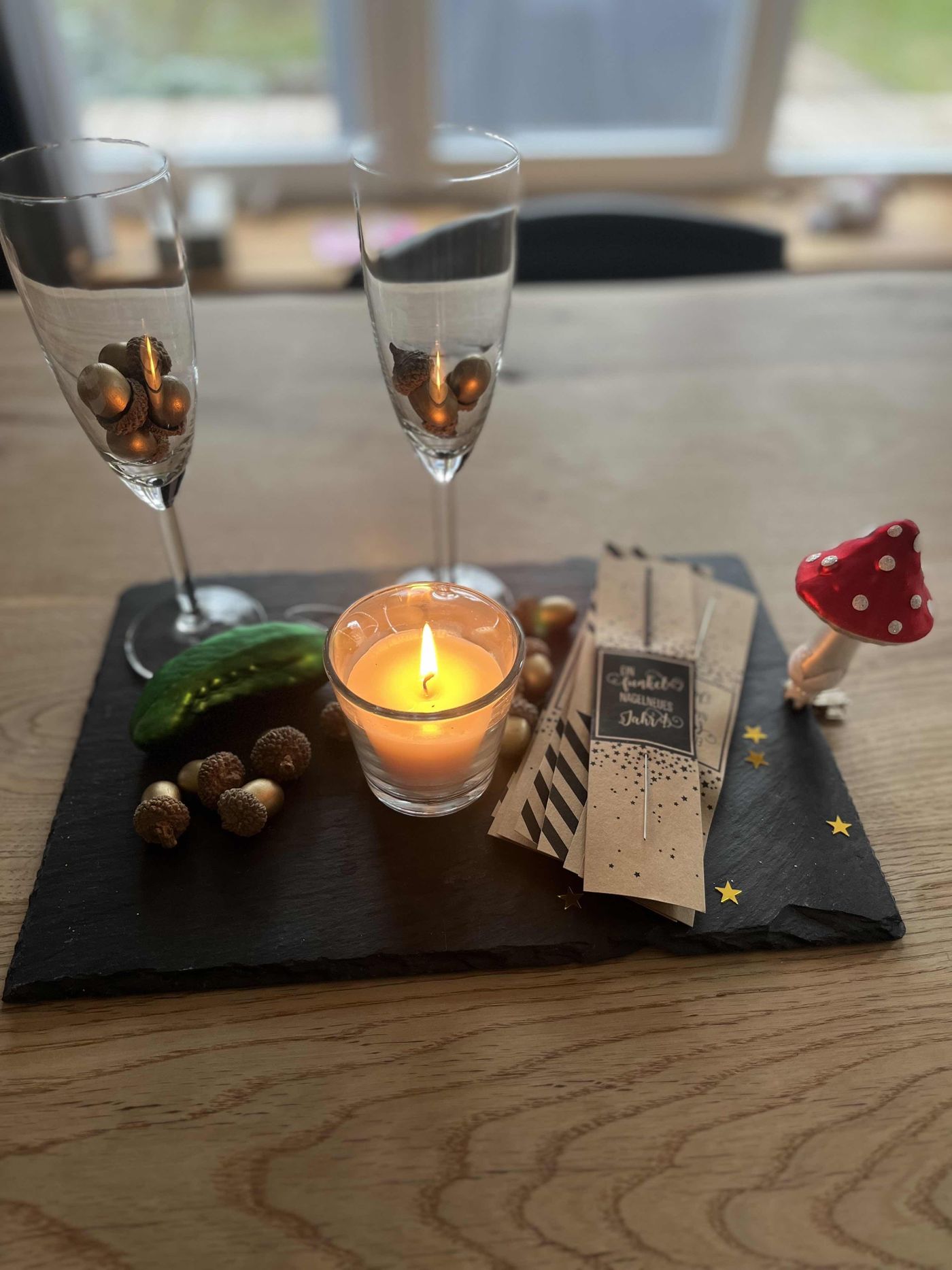 Rustic Vignette with Acorn-Filled Champagne Flutes Rustic Vignette with Acorn-Filled Champagne Flutes — New Years Eve Date Night at Home