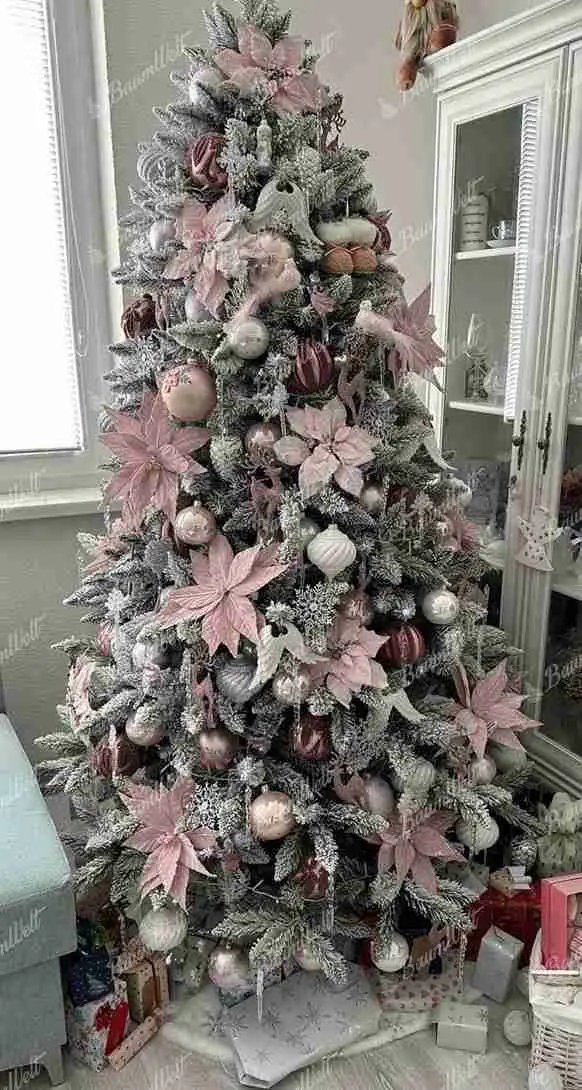 Large Flocked White Christmas Tree with Pink Poinsettias Large Flocked White Christmas Tree with Pink Poinsettias — White Christmas Tree Decor