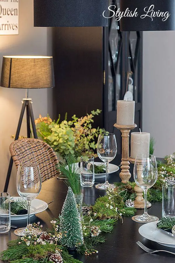 Rustic Dining Table with Natural Greenery Runner — Christmas Table Setting