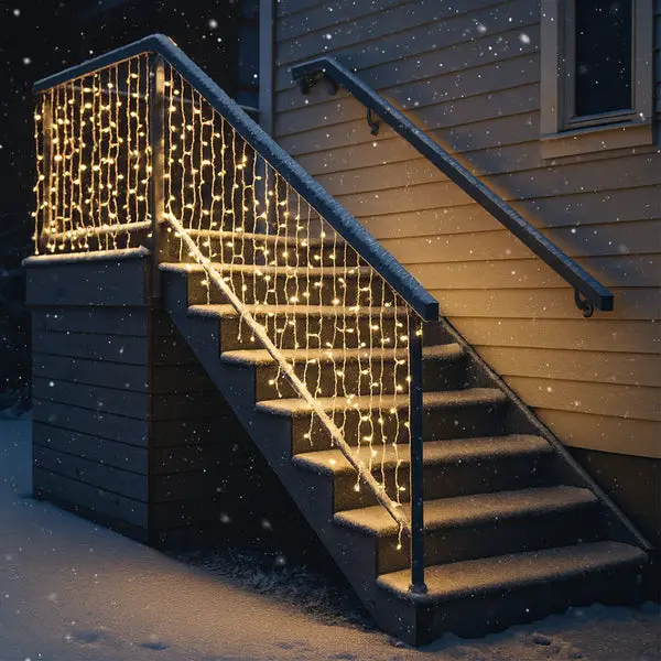 Welcoming Entrance with Warm White Icicle Lights on Stairs Welcoming Entrance with Warm White Icicle Lights on Stairs — Icicle Christmas Lights