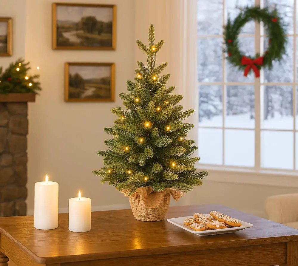 Small Lit Christmas Tree with Burlap and Candles — Neutral Christmas Tree