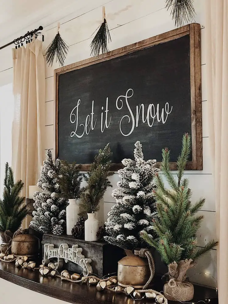 Chalkboard Sign and Rustic Lanterns for Farmhouse Christmas Mantel