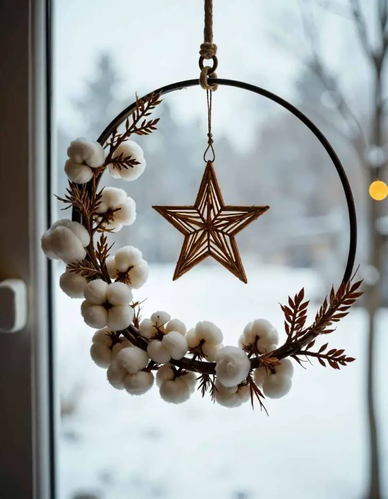 Hoop Wreath with Cotton Bolls for Cozy Window Hoop Wreath with Cotton Bolls for Cozy Window — Christmas Window Decor Outdoor