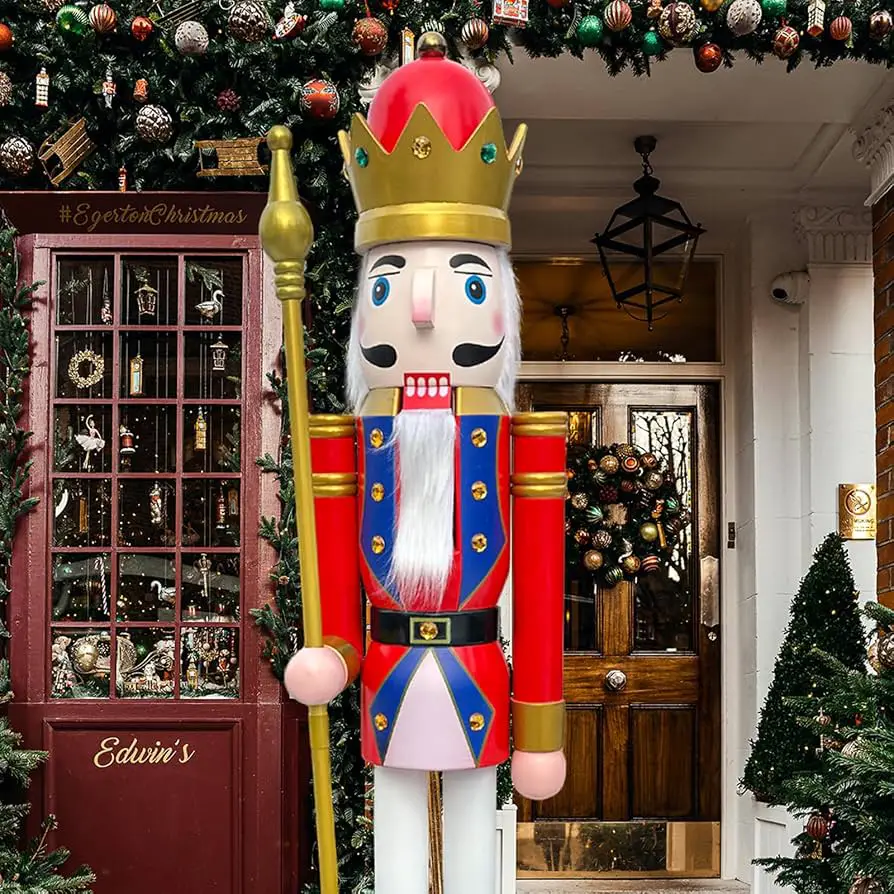 Large Nutcracker King Welcomes Guests at a Storefront — Nutcracker Christmas Decor