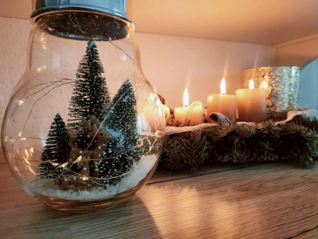 Cozy Shelf Terrarium with Miniature Winter Scene — Christmas Wedding Decor