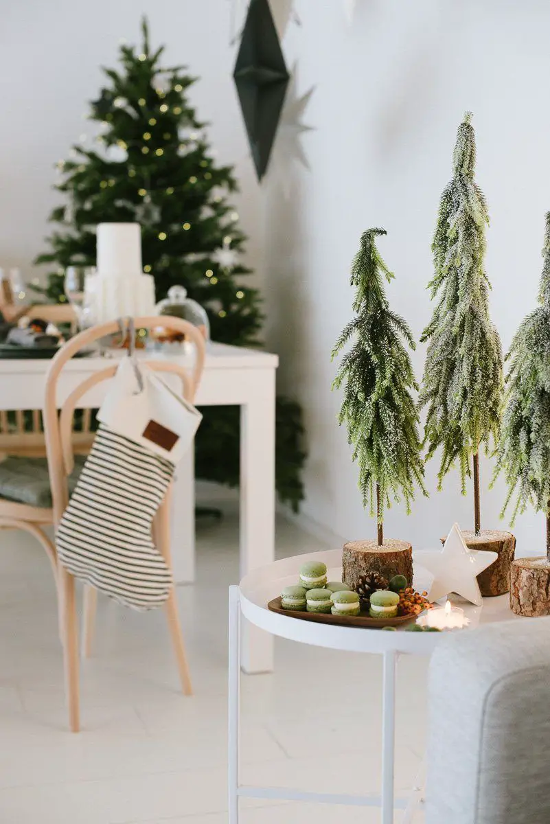 Scandinavian Style Side Table with Frosted Trees and Macarons Scandinavian Style Side Table with Frosted Trees and Macarons — Christmas Coffee Table Decor