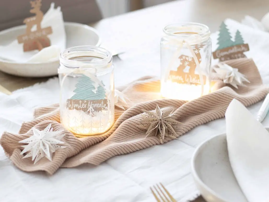 Rustic Table Vignette with Glowing Jar Place Cards — Christmas Place Cards