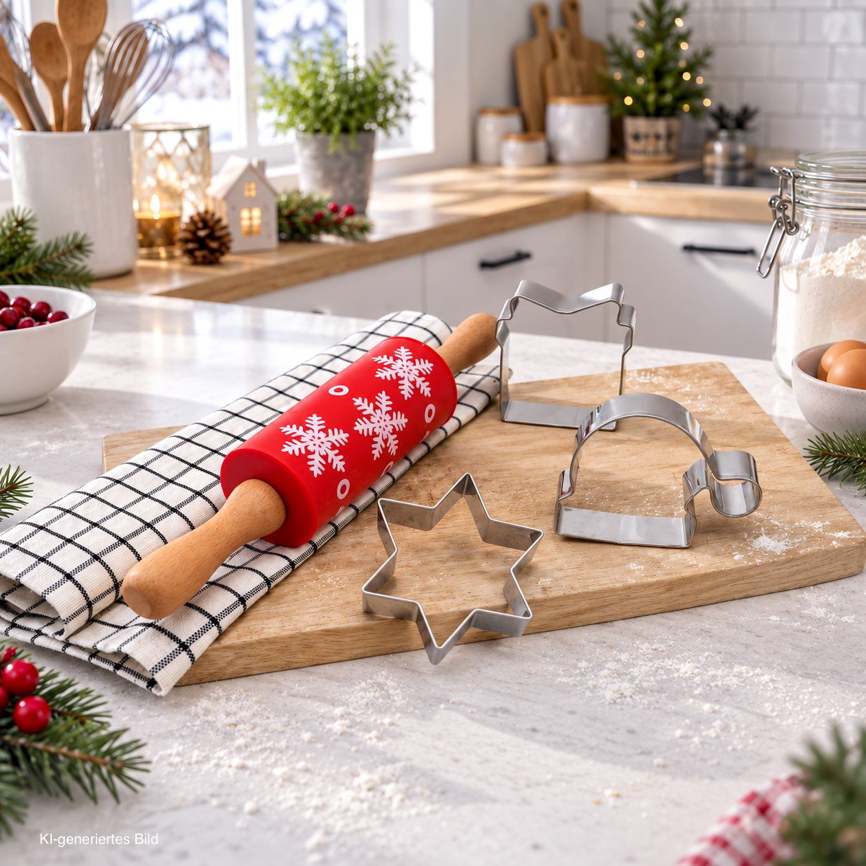 Modern Kitchen Countertop with Festive Rolling Pin and Cookie Cutters Modern Kitchen Countertop with Festive Rolling Pin and Cookie Cutters — Christmas Kitchen Decor