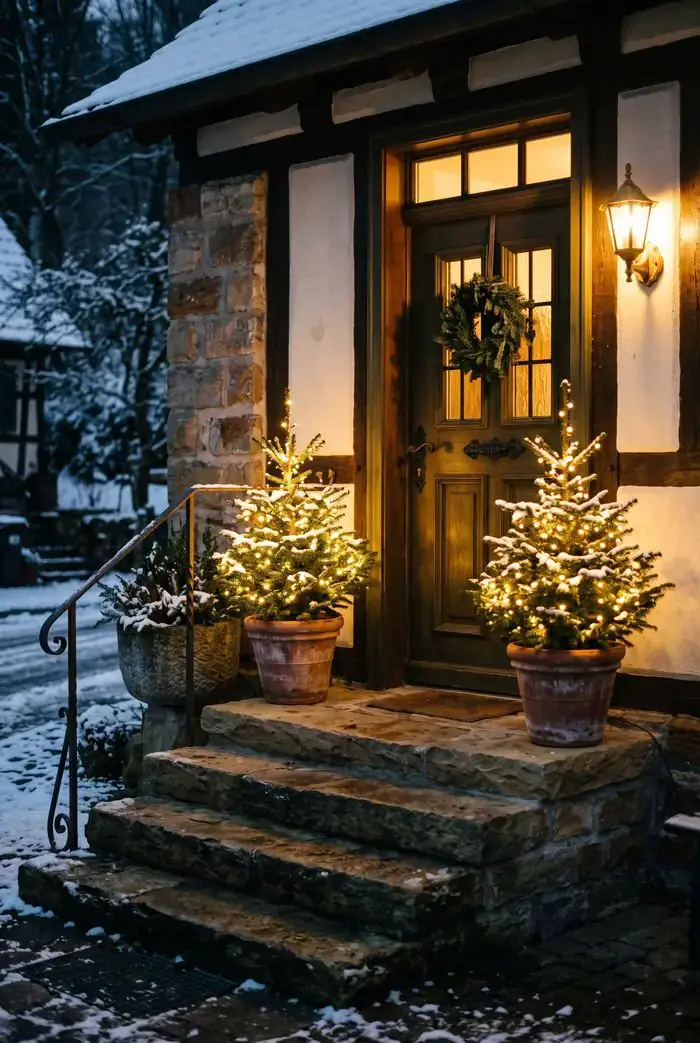 Snow-Dusted Trees and a Wreath for a Cozy Cottage Porch — Small Christmas Porch