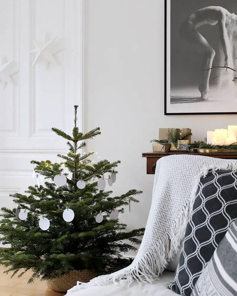 Small Christmas Tree in Basket with White Paper Stars Small Christmas Tree in Basket with White Paper Stars — Scandinavian Christmas Tree