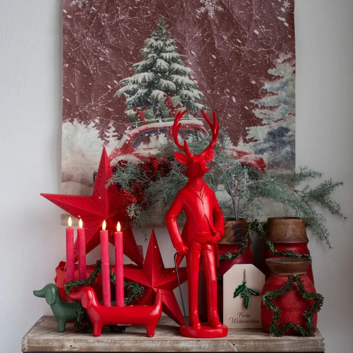 Kitschy Shelf Display with Red Christmas Figures — Red and Green Christmas Decor