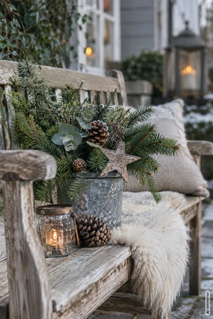 Rustic Garden Bench with Winter Greenery and Star Ornament — Winter Porch Decor