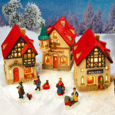 Illuminated Ceramic Houses with Red Roofs — Christmas Village Display