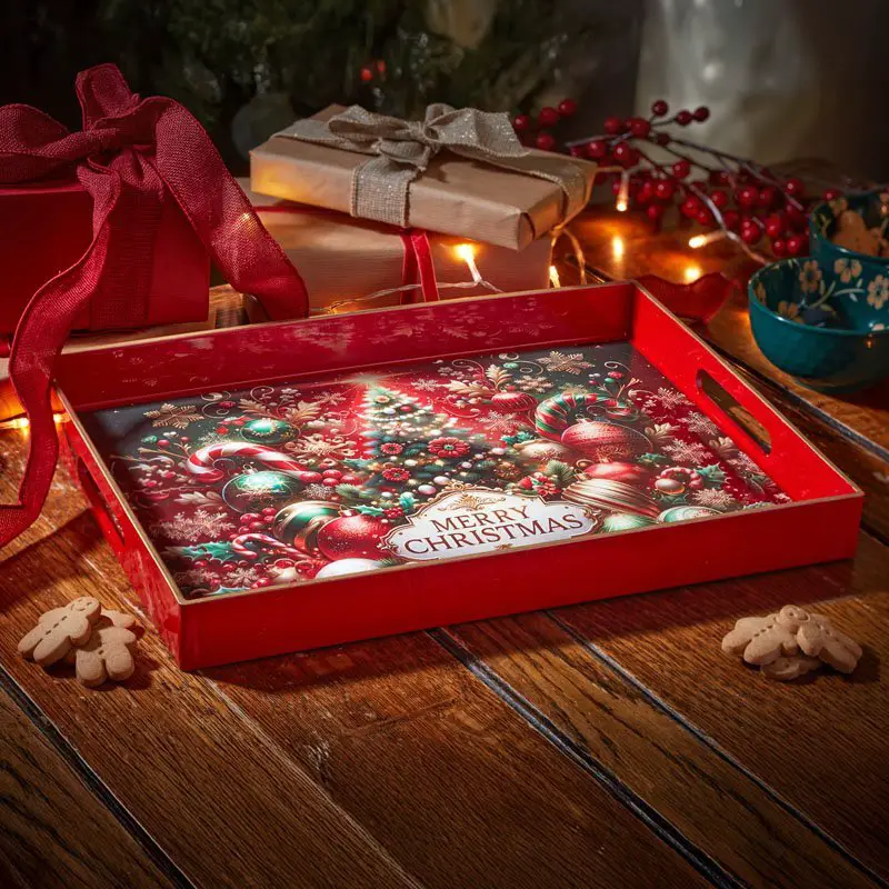Rectangular Red Wooden Tray with 'Merry Christmas' Graphic — Christmas Tiered Tray