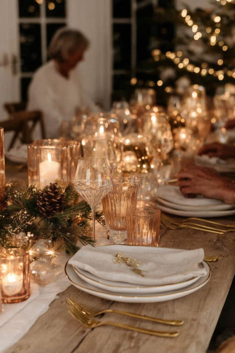Elegant Dining Table with Pine Garland and Gold Accents Elegant Dining Table with Pine Garland and Gold Accents — Christmas Wedding Centerpiece