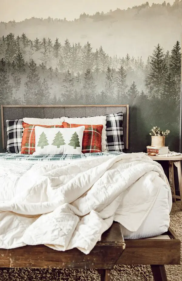 Rustic Bedroom with Forest Mural and Plaid Accents — Christmas Bedroom Decor