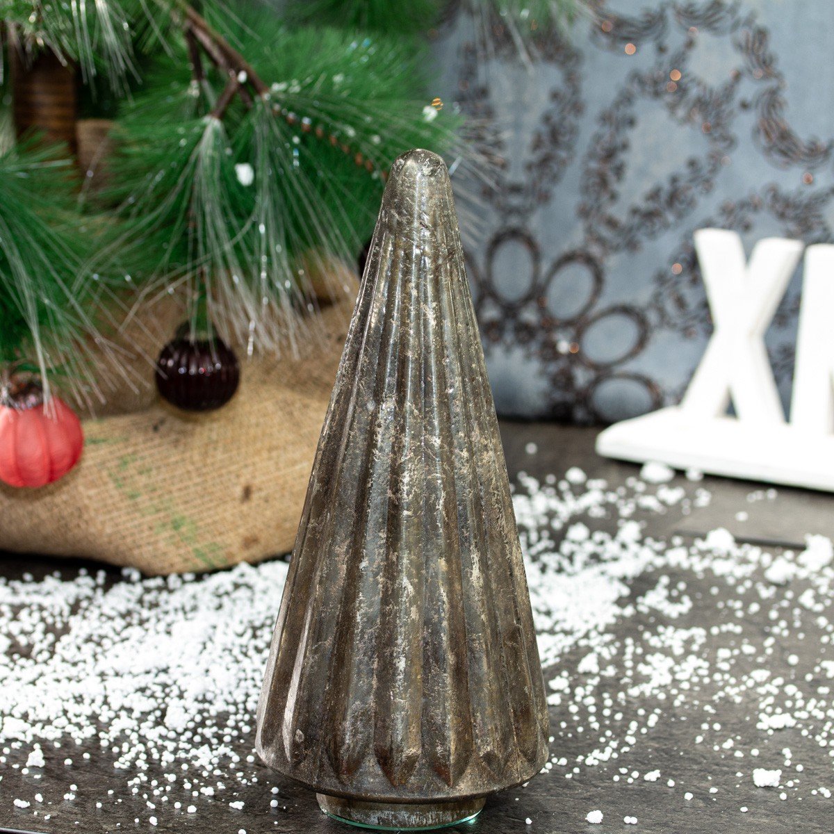 Ribbed Glass Christmas Tree Sculpture with Snow — Tabletop Christmas Tree Decor