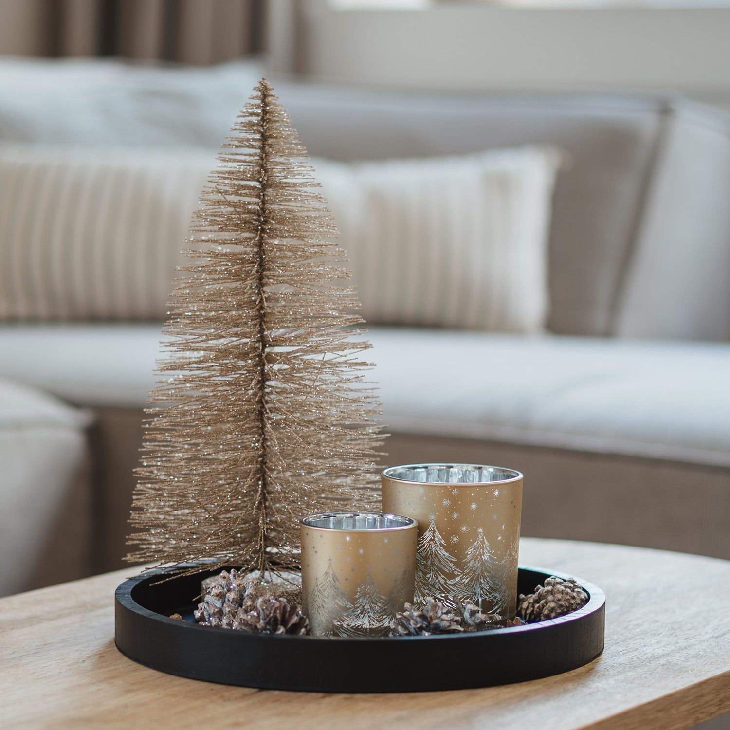 Modern Black Tray with Glitter Tree and Mercury Glass Holders Modern Black Tray with Glitter Tree and Mercury Glass Holders — Christmas Coffee Table Decor