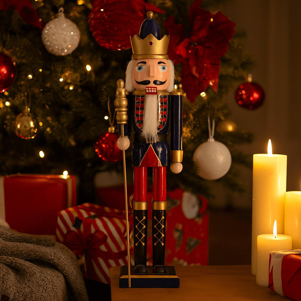 Regal Nutcracker in Detailed Uniform by Christmas Tree Regal Nutcracker in Detailed Uniform by Christmas Tree — Nutcracker Christmas Tree