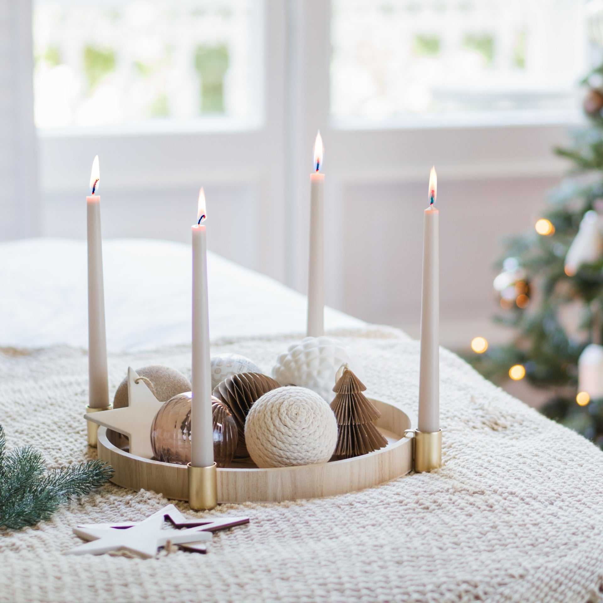 Modern Christmas Tiered Tray with Candles and Paper Trees