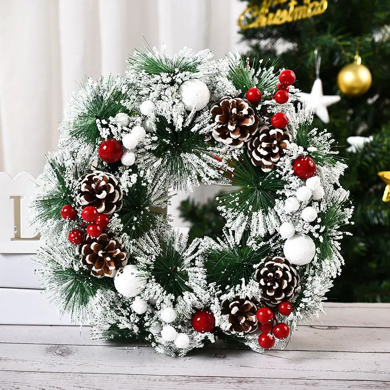 Flocked Christmas Wreath with Pine Cones and Artificial Snow Flocked Christmas Wreath with Pine Cones and Artificial Snow — Christmas Window Wreaths