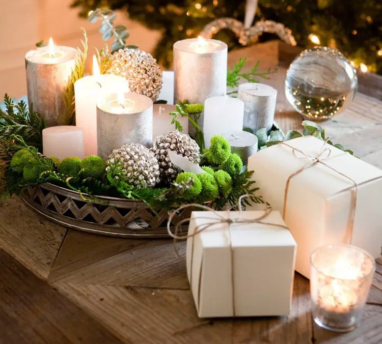 Silver Tray Arrangement with Mixed Candles and Orbs — Simple Christmas Centerpiece