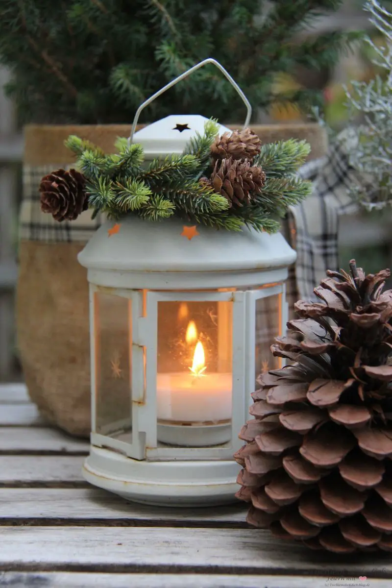 Rustic Lantern with Evergreen and Pinecones — Christmas Yard Decor