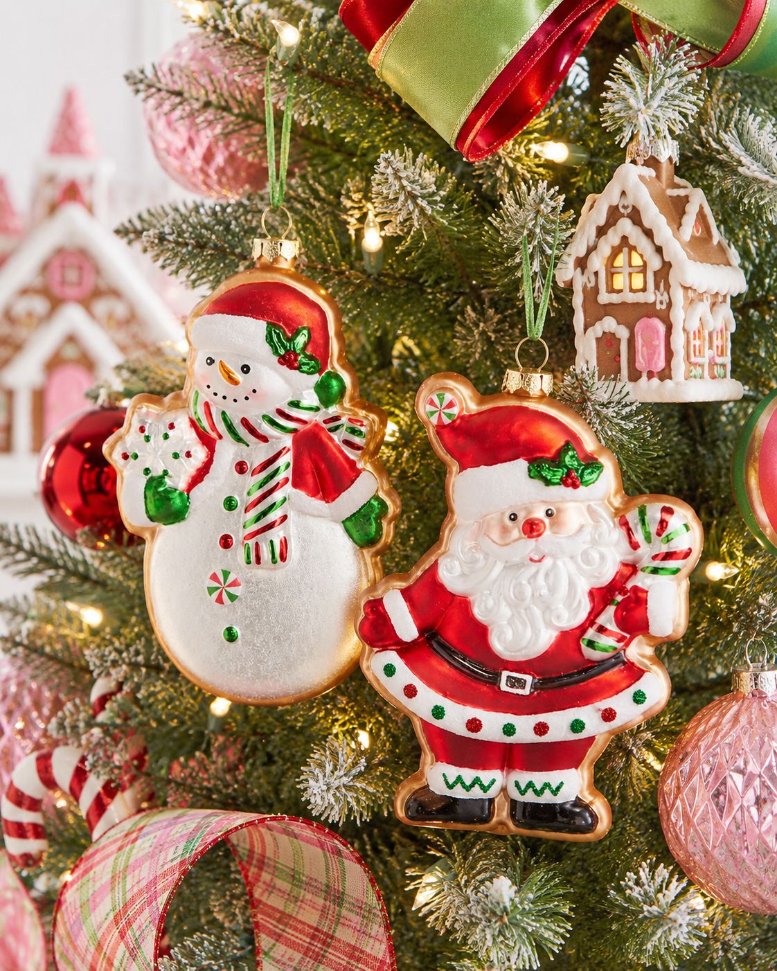 Whimsical Gingerbread House Glass Ornament on Tree Whimsical Gingerbread House Glass Ornament on Tree — Gingerbread Christmas Decor