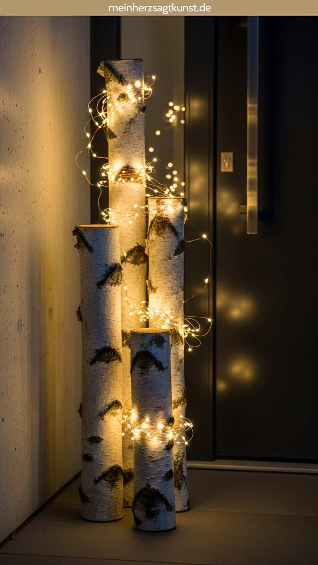 Rustic Birch Logs Wrapped in Fairy Lights — Winter Front Door Decor