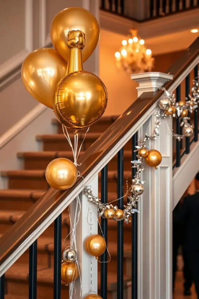 Elegant Gold and Silver Balloon Garland on Staircase Railing — New Years Eve Balloon Garland