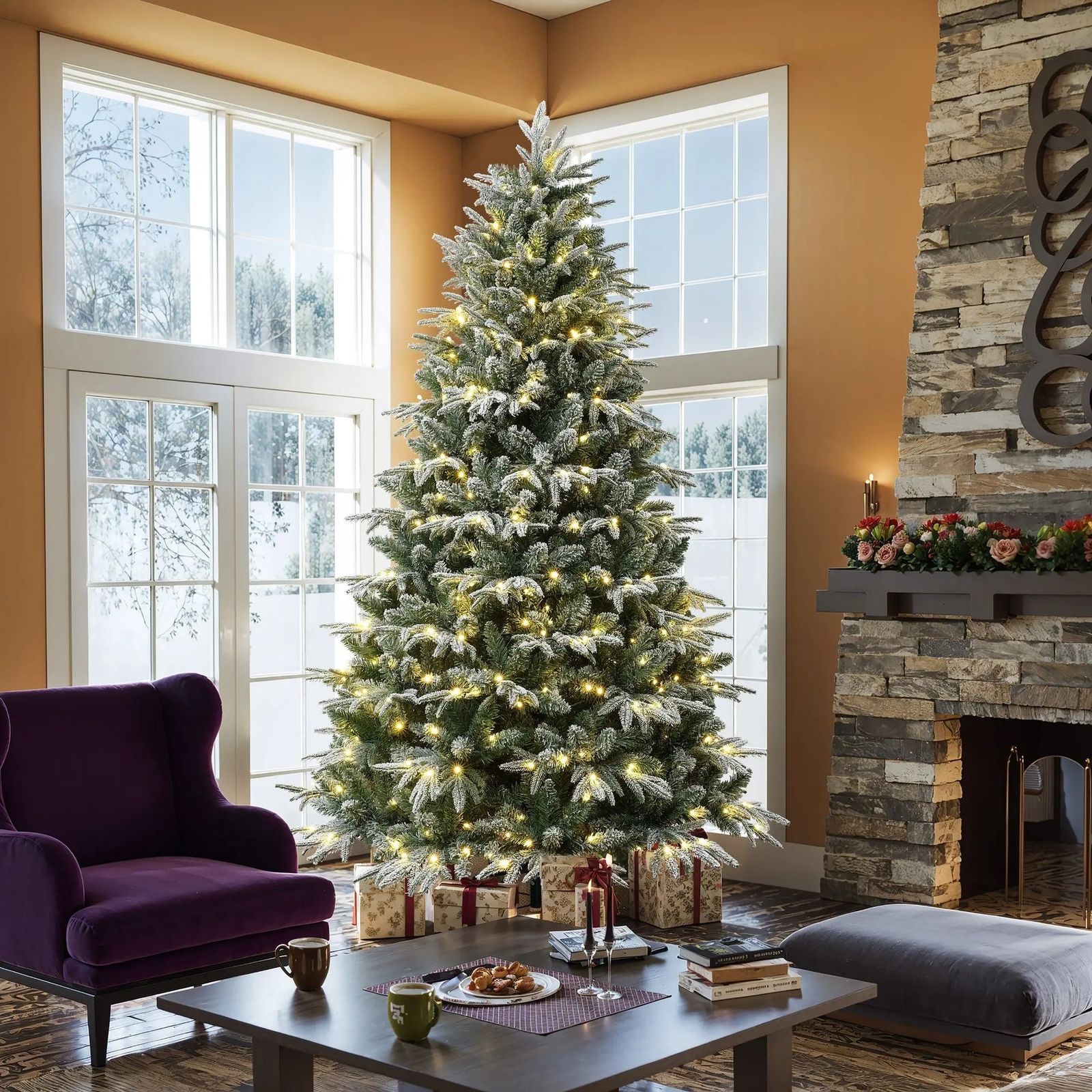 Grand Pre-Lit Flocked Tree in a Spacious Living Room Grand Pre-Lit Flocked Tree in a Spacious Living Room — Flocked Christmas Tree Decor