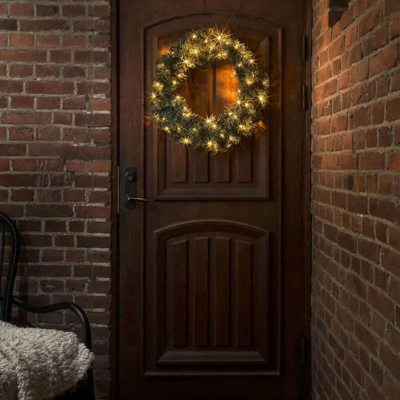 Traditional Wooden Door with Illuminated Wreath Traditional Wooden Door with Illuminated Wreath — Christmas Door Frame Lights