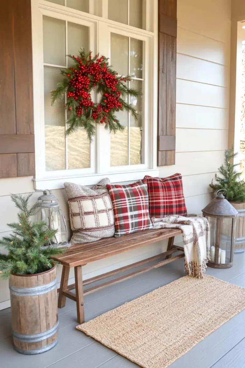 Farmhouse Porch Seating with Plaid Pillows and Berry Wreath Farmhouse Porch Seating with Plaid Pillows and Berry Wreath — Farmhouse Christmas Porch