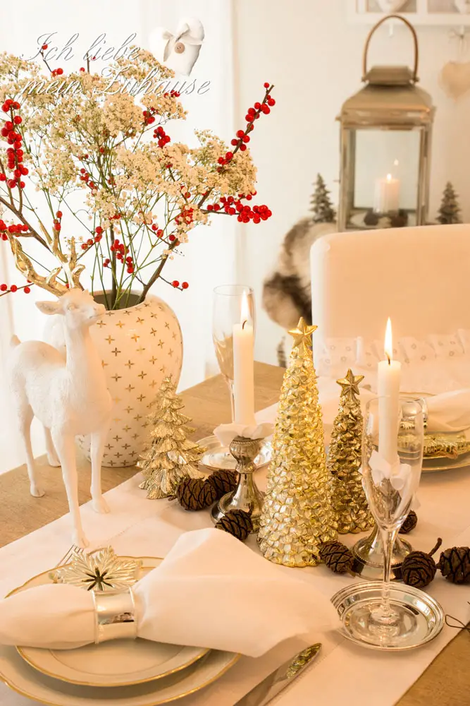 Country House Centerpiece with White Deer Figurine and Gold Accents Country House Centerpiece with White Deer Figurine and Gold Accents — Christmas Wedding Centerpiece