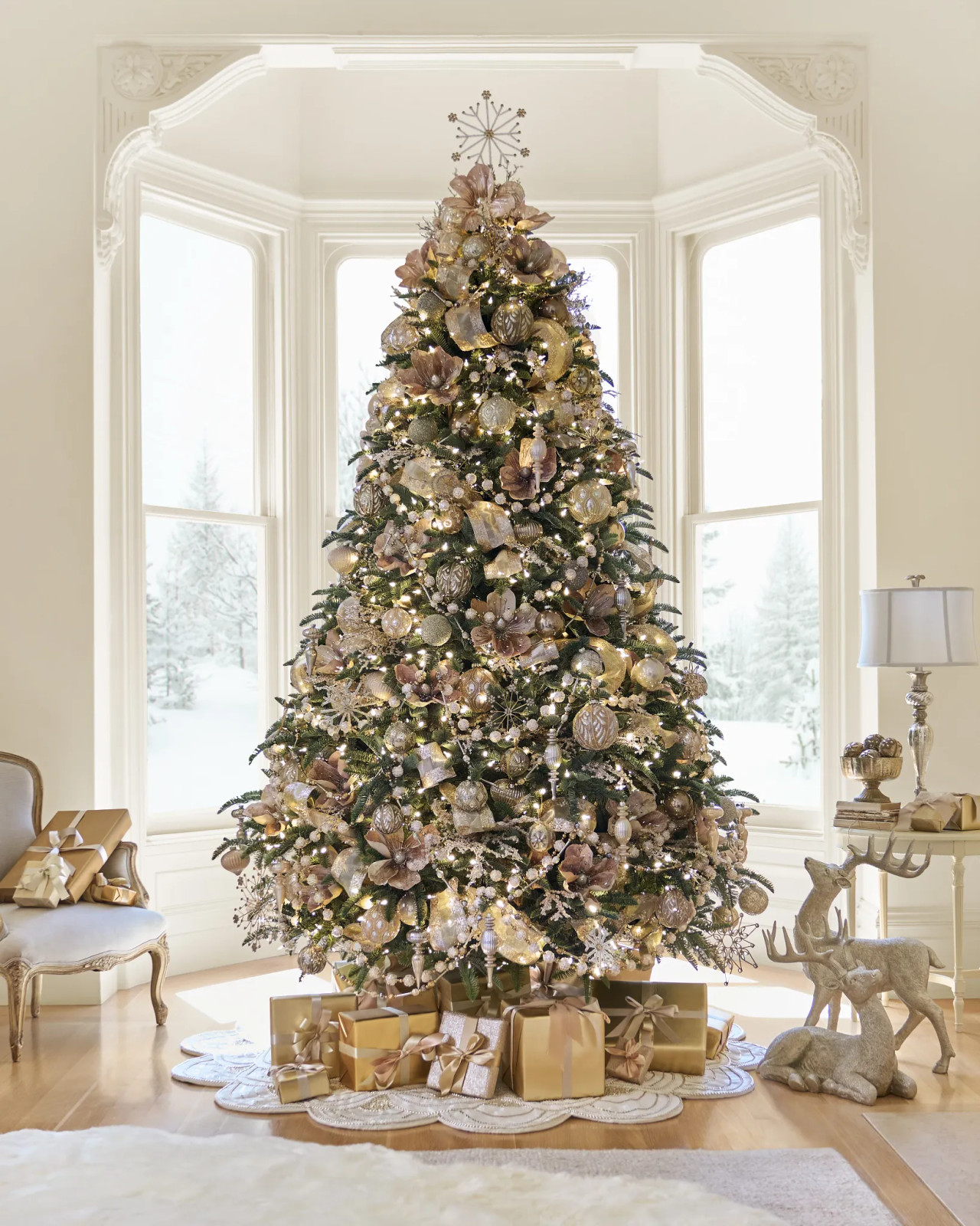 Elaborately Decorated Glam Christmas Tree in a Bright Room with Bay Window