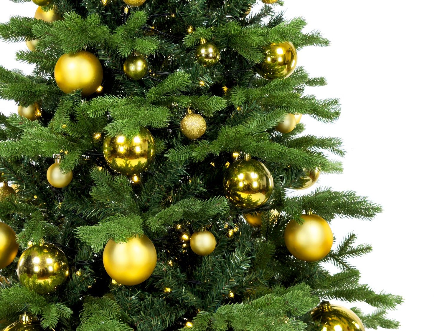 Close-Up on Shiny Gold Baubles on a Slim Christmas Tree Close-Up on Shiny Gold Baubles on a Slim Christmas Tree — Slim Christmas Tree Decor