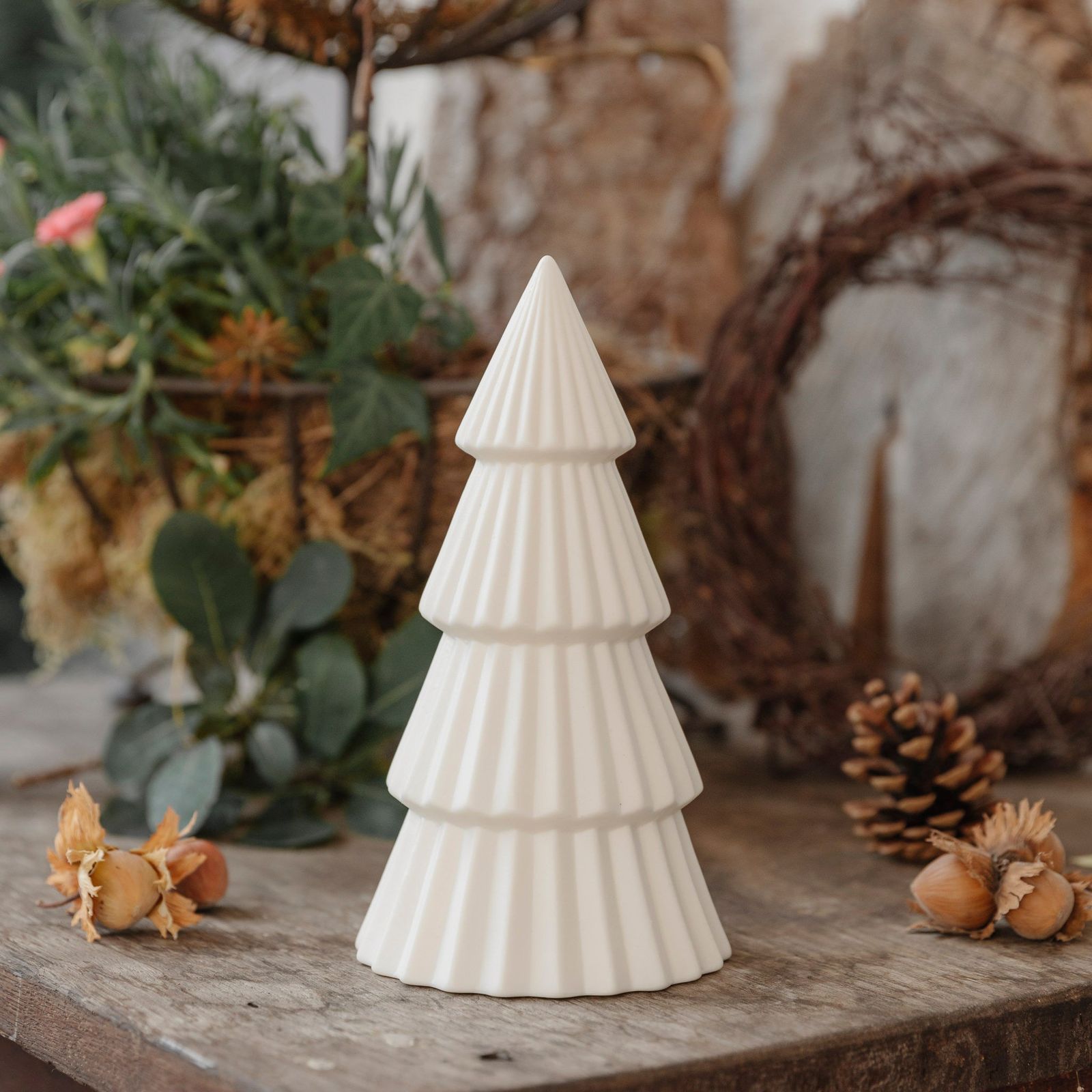 Minimalist Faceted White Ceramic Tree on Rustic Wood Minimalist Faceted White Ceramic Tree on Rustic Wood — White Christmas Tree Decor